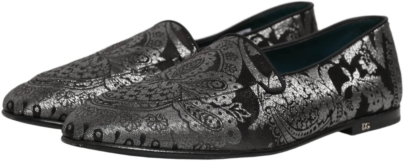 Dolce & Gabbana Silver Jacquard Leather Slip On Loafers Shoes