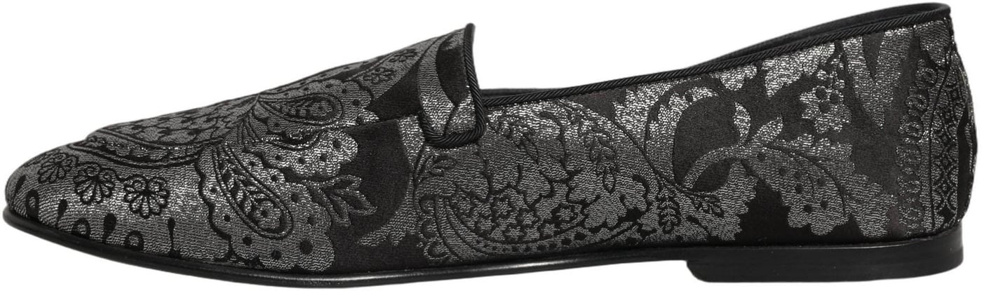 Dolce & Gabbana Silver Jacquard Leather Slip On Loafers Shoes