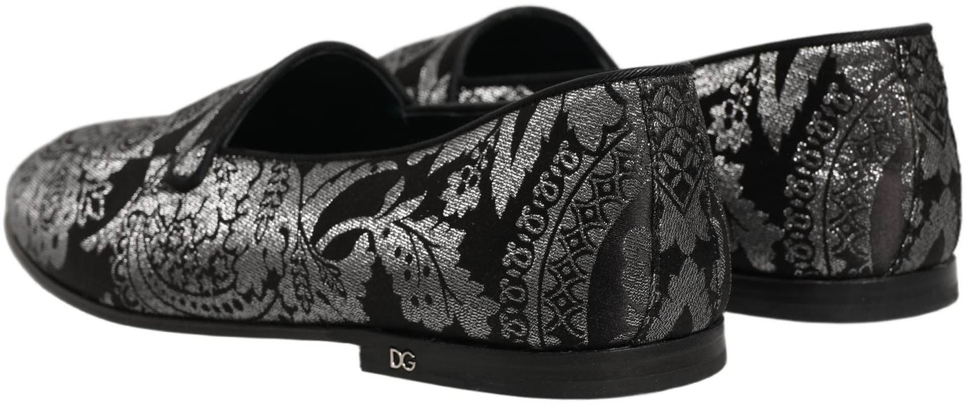 Dolce & Gabbana Silver Jacquard Leather Slip On Loafers Shoes