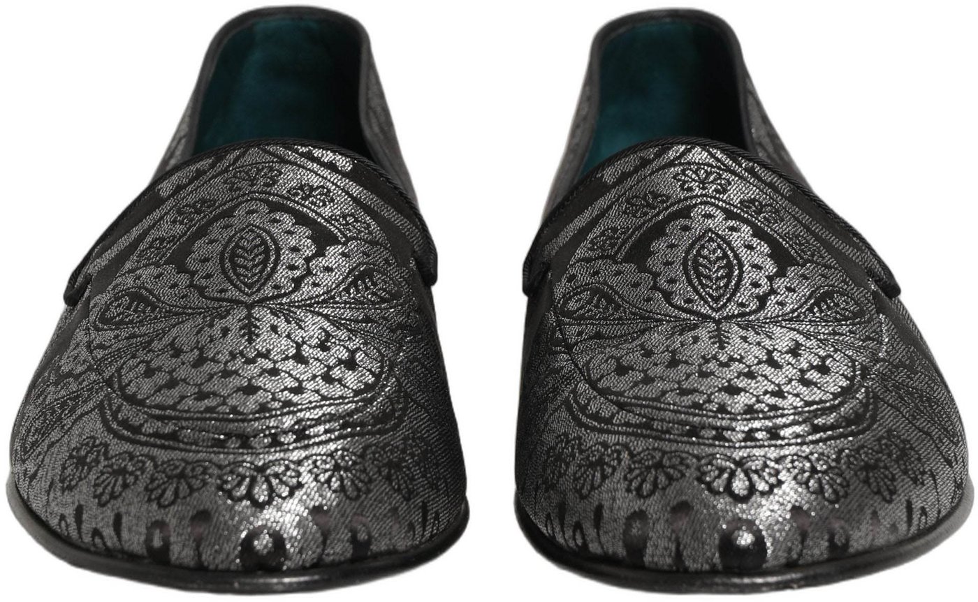 Dolce & Gabbana Silver Jacquard Leather Slip On Loafers Shoes