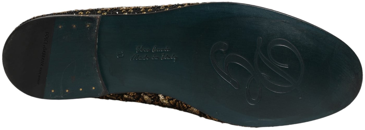 Dolce & Gabbana Black Gold Embellished Slip On Loafers Shoes