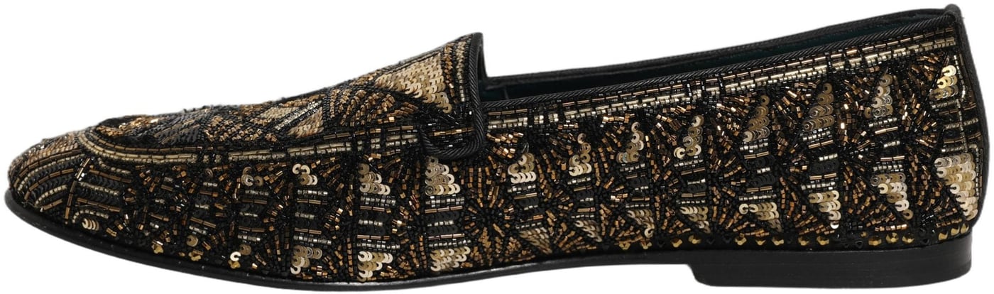 Dolce & Gabbana Black Gold Embellished Slip On Loafers Shoes