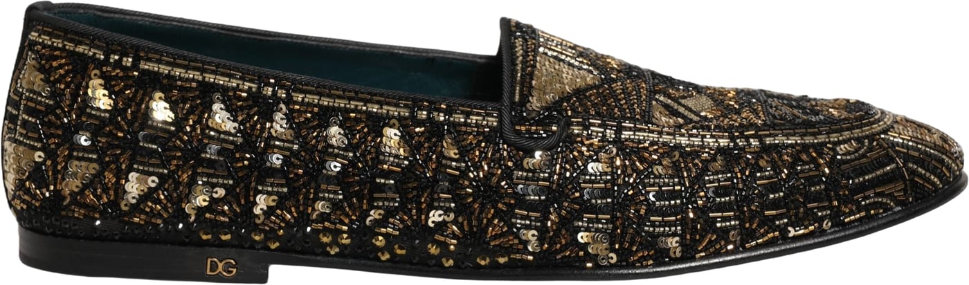 Dolce & Gabbana Black Gold Embellished Slip On Loafers Shoes