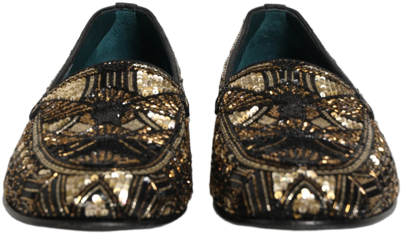 Dolce & Gabbana Black Gold Embellished Slip On Loafers Shoes