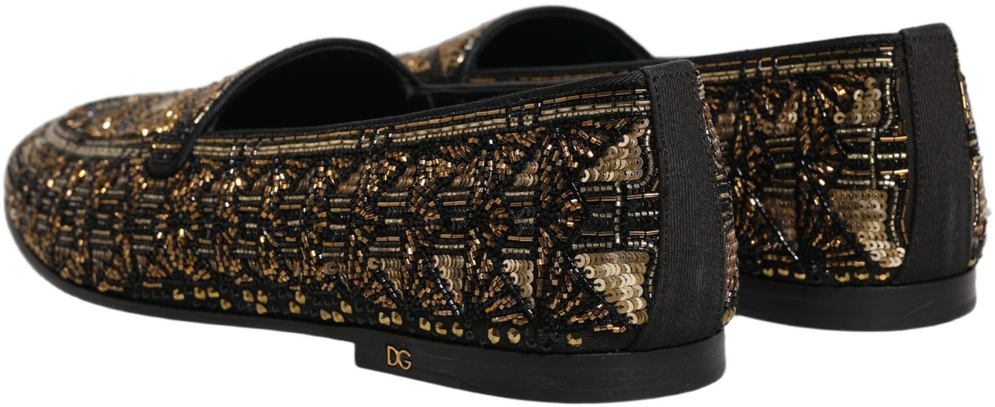 Dolce & Gabbana Black Gold Embellished Slip On Loafers Shoes
