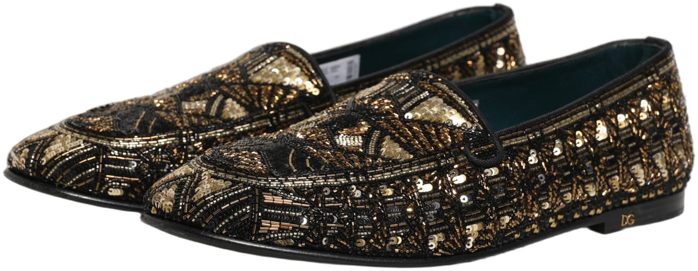 Dolce & Gabbana Black Gold Embellished Slip On Loafers Shoes