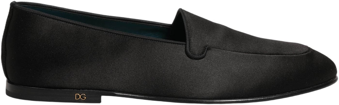 Dolce & Gabbana Black Satin Logo Slip On Flats Loafers Shoes