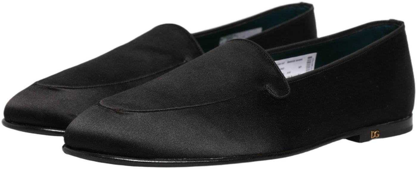 Dolce & Gabbana Black Satin Logo Slip On Flats Loafers Shoes