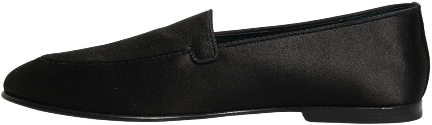 Dolce & Gabbana Black Satin Logo Slip On Flats Loafers Shoes