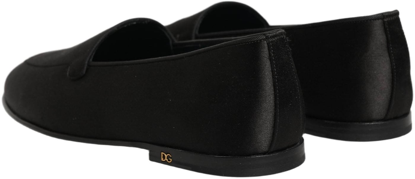 Dolce & Gabbana Black Satin Logo Slip On Flats Loafers Shoes