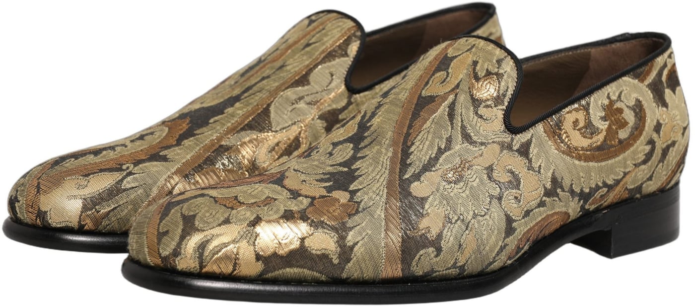 Dolce & Gabbana Gold Brocade Slip On Men Dress Loafers Shoes