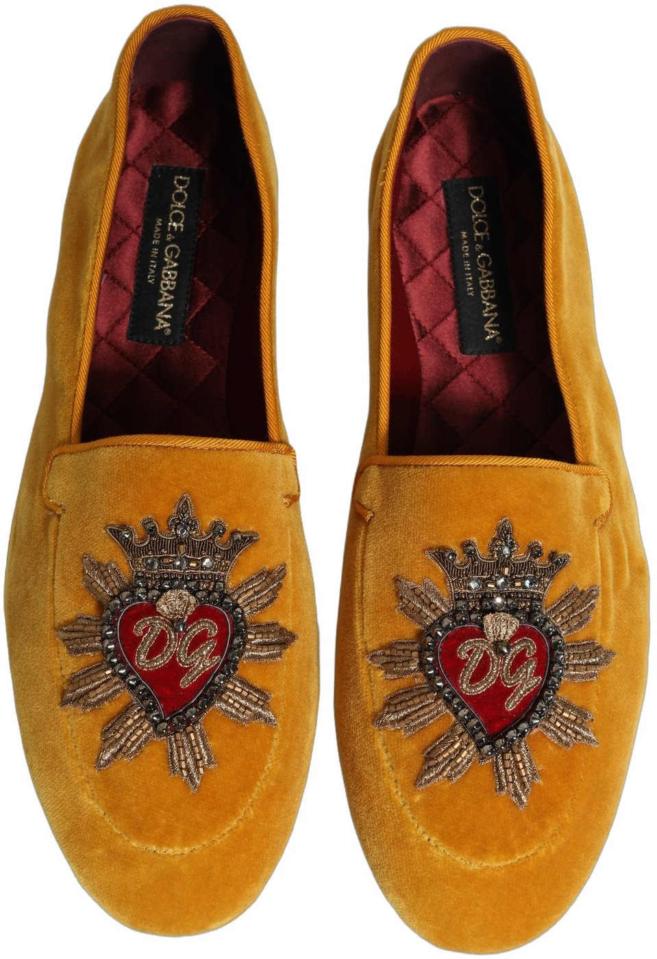Dolce & Gabbana Yellow Velvet DG Heart Loafers Flats Shoes