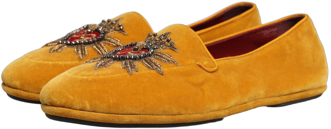 Dolce & Gabbana Yellow Velvet DG Heart Loafers Flats Shoes