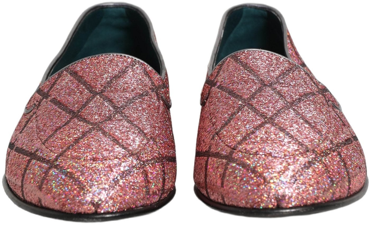 Dolce & Gabbana Pink Check Glitter Lurex Logo Loafers Shoes