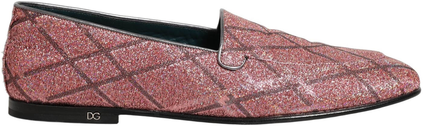 Dolce & Gabbana Pink Check Glitter Lurex Logo Loafers Shoes