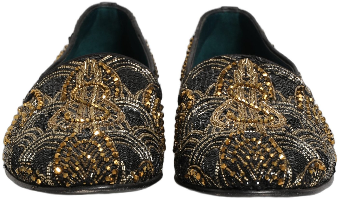 Dolce & Gabbana Black Gold Embellished Dress Loafers Shoes