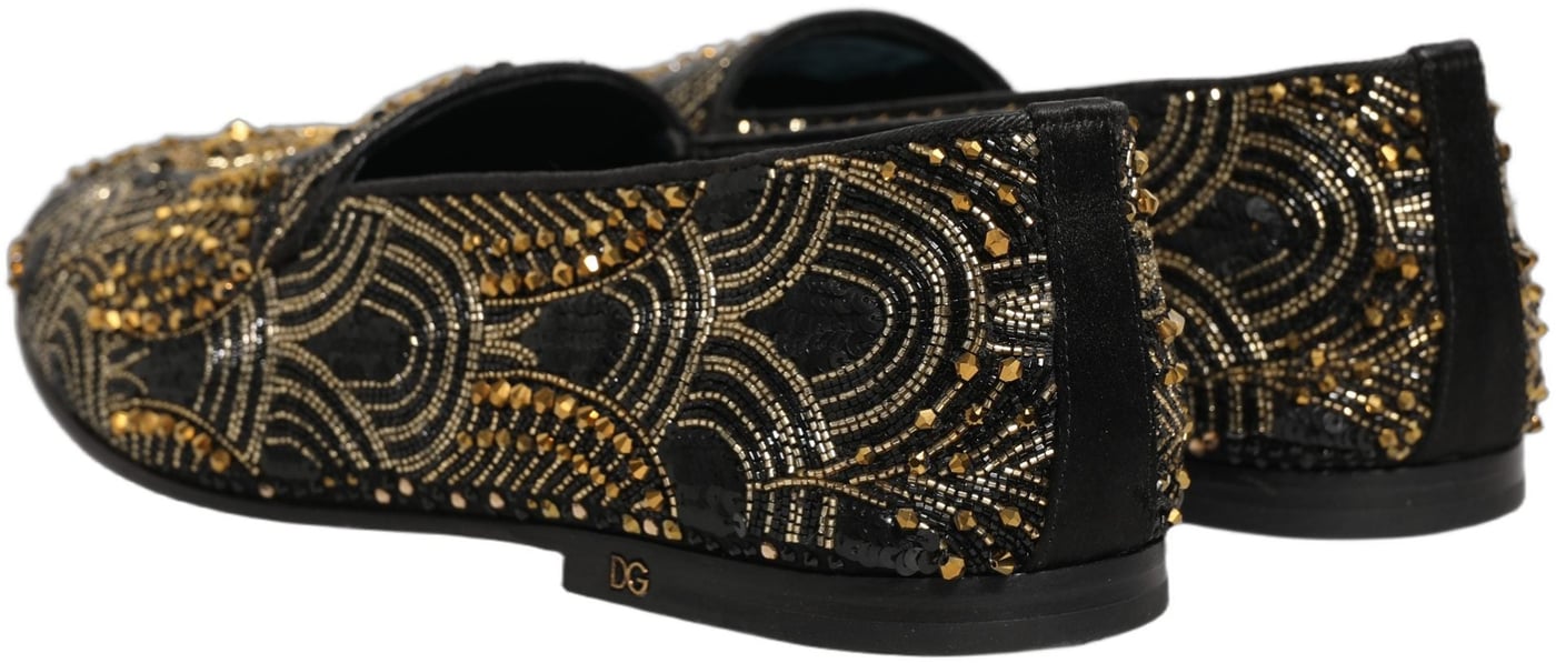 Dolce & Gabbana Black Gold Embellished Dress Loafers Shoes