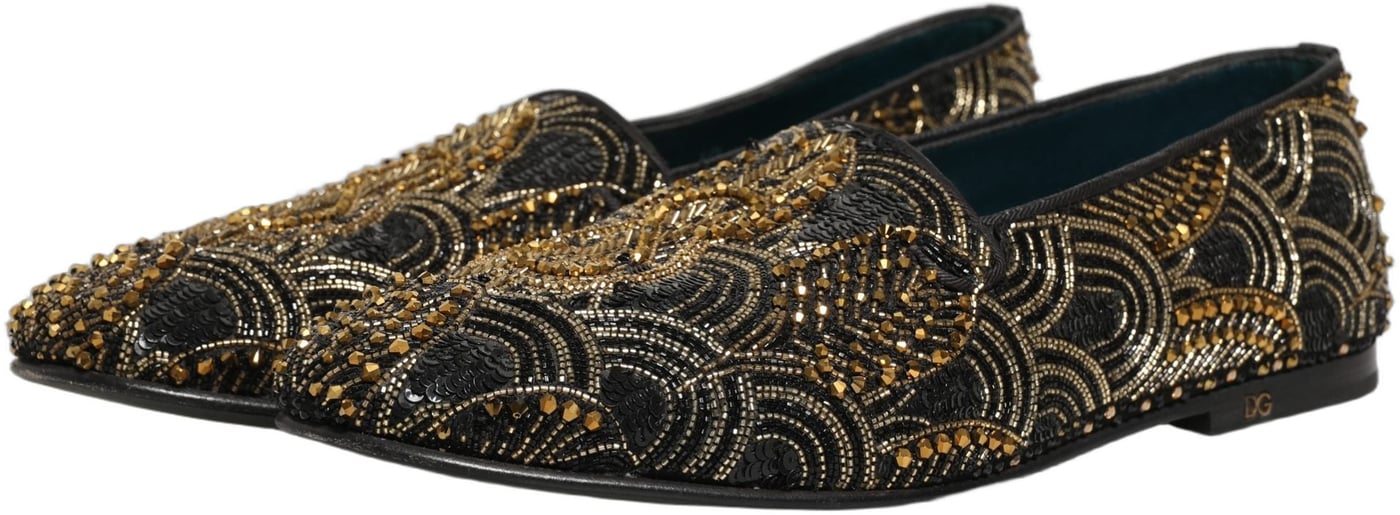 Dolce & Gabbana Black Gold Embellished Dress Loafers Shoes