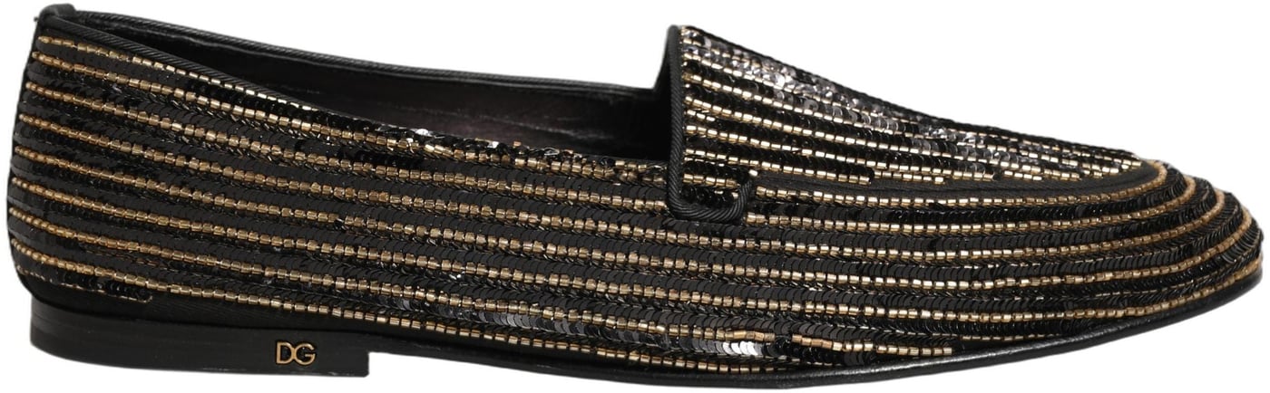 Dolce & Gabbana Black Gold Sequined Men Dress Loafers Shoes