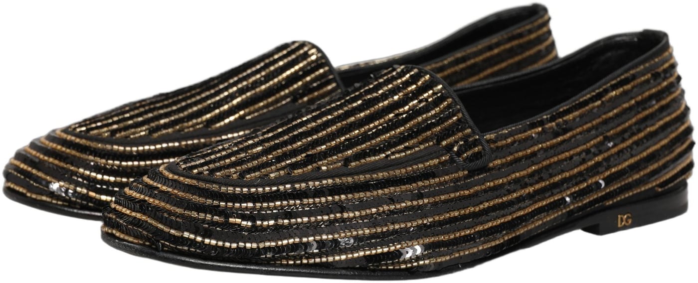 Dolce & Gabbana Black Gold Sequined Men Dress Loafers Shoes