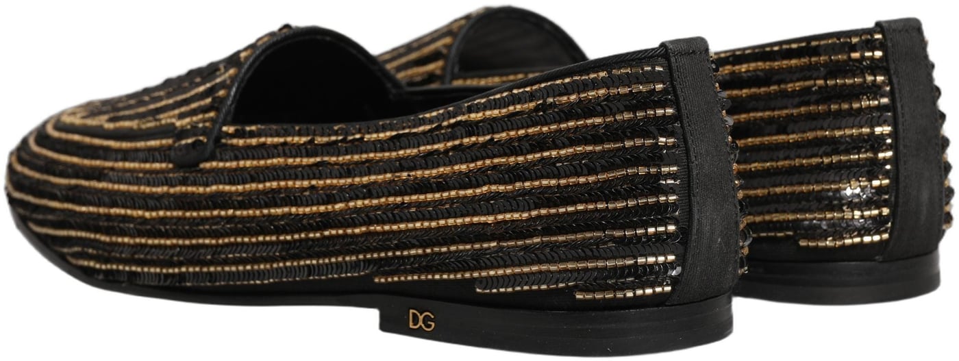 Dolce & Gabbana Black Gold Sequined Men Dress Loafers Shoes