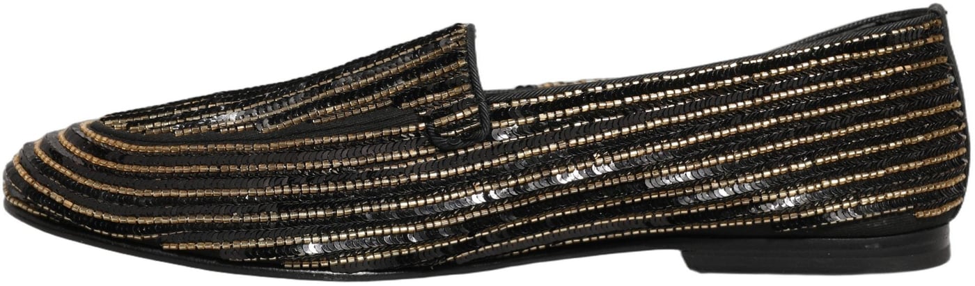 Dolce & Gabbana Black Gold Sequined Men Dress Loafers Shoes
