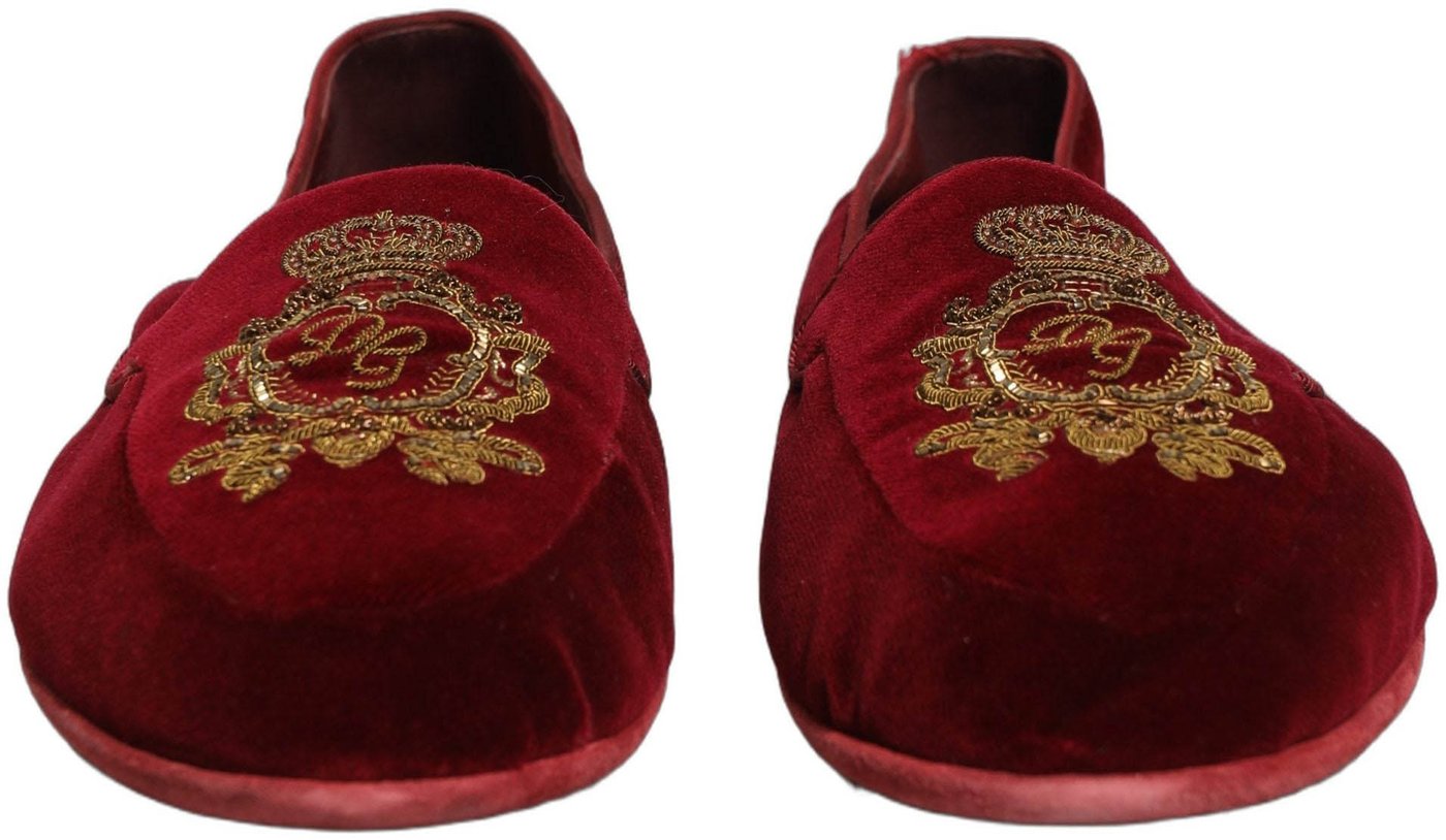 Dolce & Gabbana Maroon Velvet Crown Embroidery Loafers Shoes