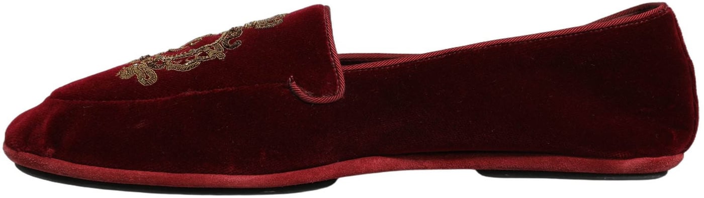 Dolce & Gabbana Maroon Velvet Crown Embroidery Loafers Shoes