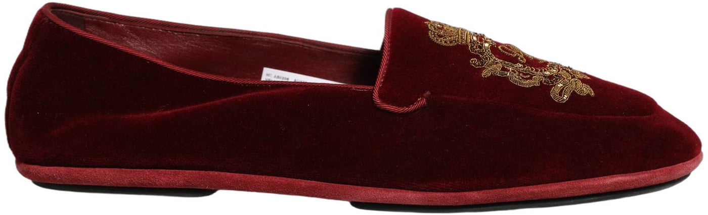 Dolce & Gabbana Maroon Velvet Crown Embroidery Loafers Shoes