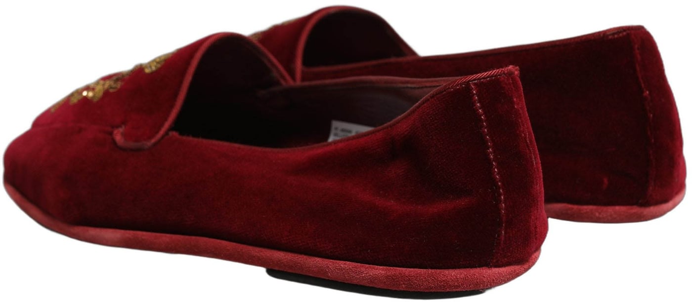 Dolce & Gabbana Maroon Velvet Crown Embroidery Loafers Shoes
