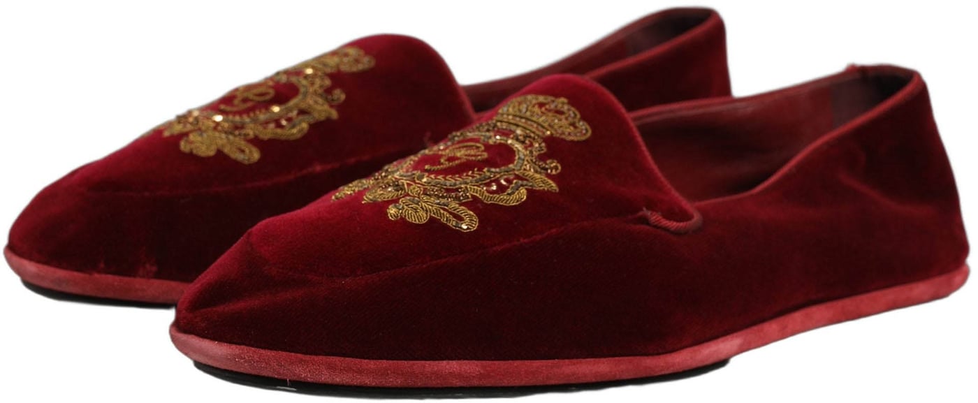 Dolce & Gabbana Maroon Velvet Crown Embroidery Loafers Shoes