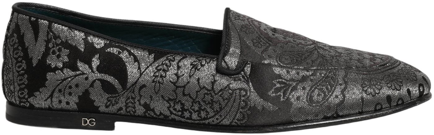 Dolce & Gabbana Silver Jacquard Leather Slip On Loafers Shoes