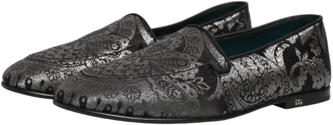 Dolce & Gabbana Silver Jacquard Leather Slip On Loafers Shoes