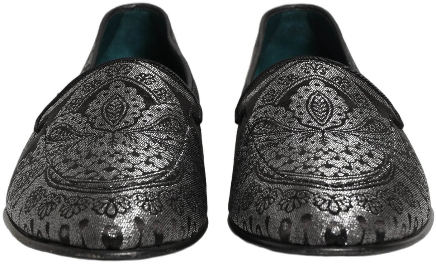 Dolce & Gabbana Silver Jacquard Leather Slip On Loafers Shoes