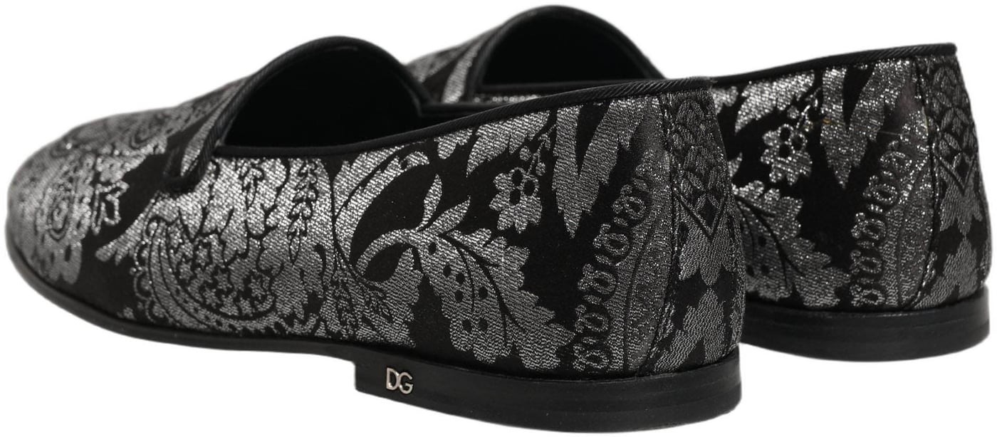 Dolce & Gabbana Silver Jacquard Leather Slip On Loafers Shoes