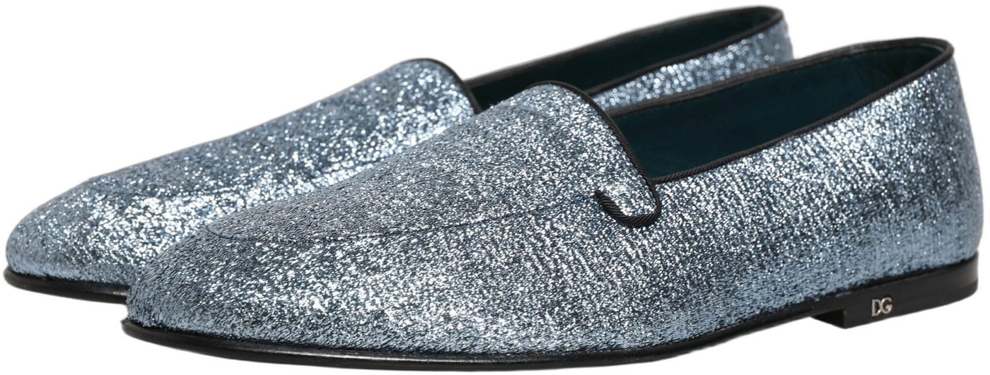 Dolce & Gabbana Blue Glitter Lurex DG Logo Dress Loafers Shoes