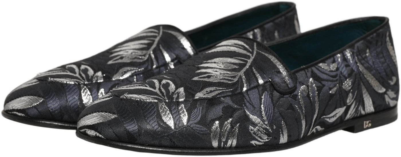 Dolce & Gabbana Black Leaf Embroidery Dress Men Loafers Shoes