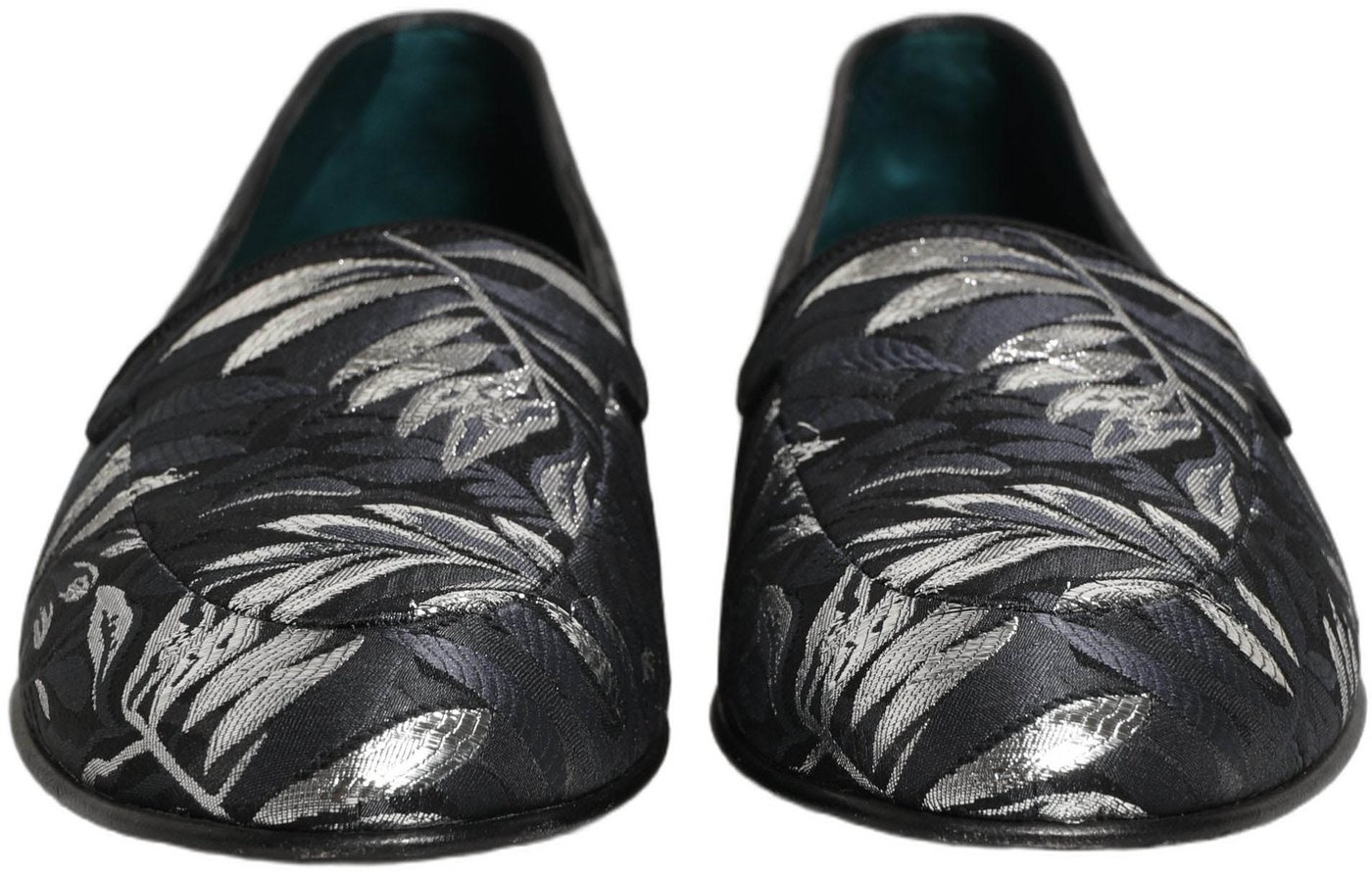 Dolce & Gabbana Black Leaf Embroidery Dress Men Loafers Shoes