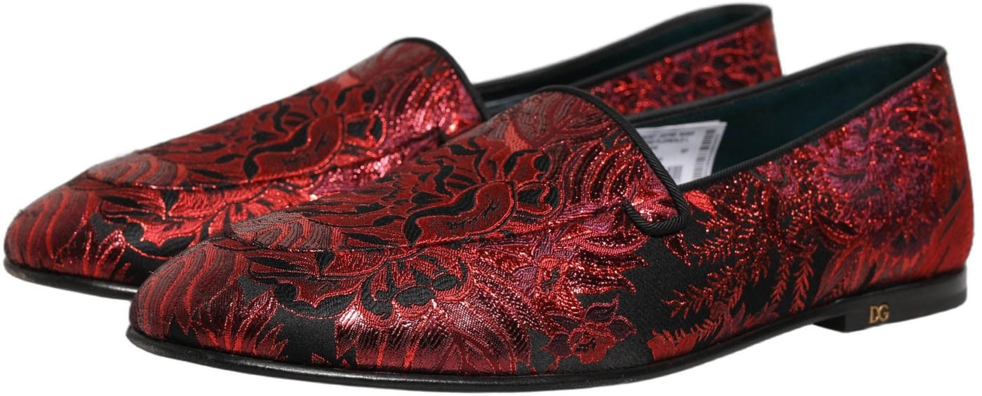 Dolce & Gabbana Red Floral Jacquard Slip On Loafers Shoes