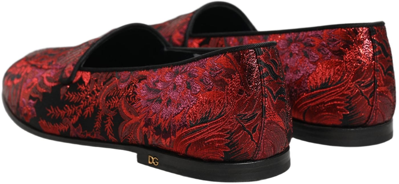 Dolce & Gabbana Red Floral Jacquard Slip On Loafers Shoes