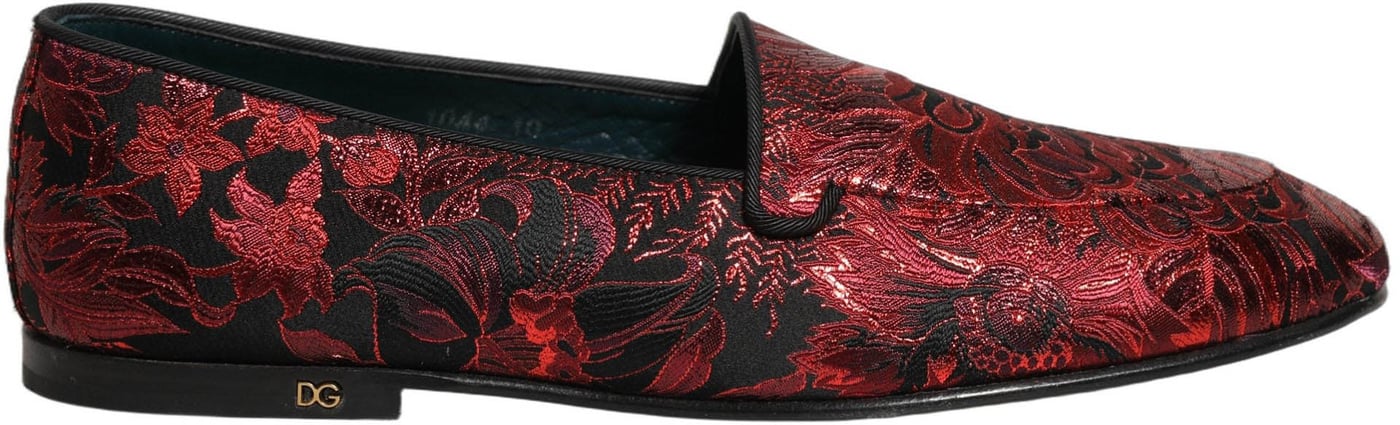 Dolce & Gabbana Red Floral Jacquard Slip On Loafers Shoes