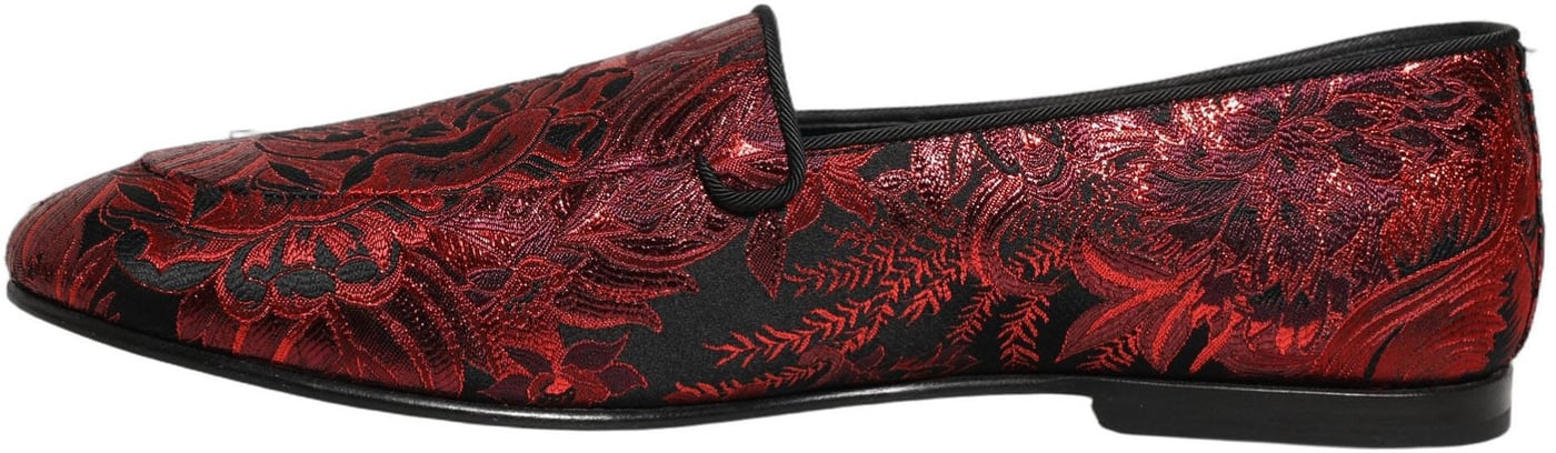 Dolce & Gabbana Red Floral Jacquard Slip On Loafers Shoes