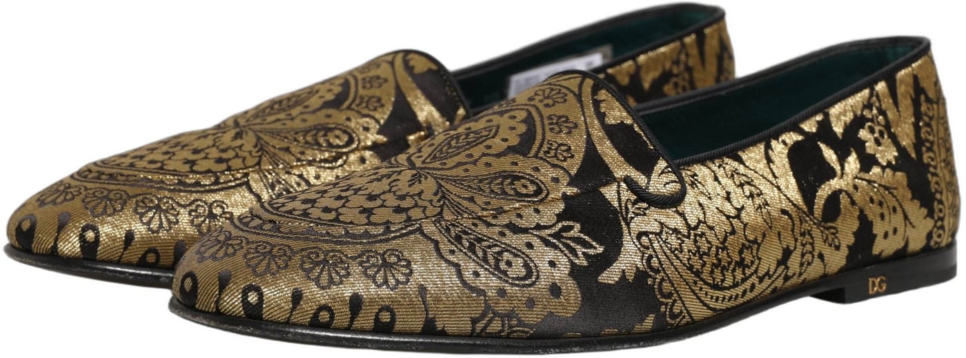 Dolce & Gabbana Gold Jacquard Leather Slip On Loafers Shoes