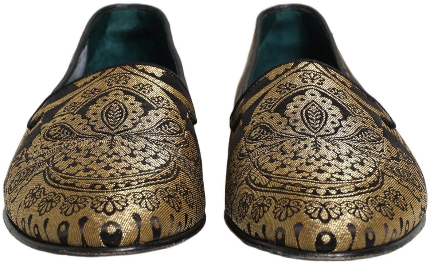 Dolce & Gabbana Gold Jacquard Leather Slip On Loafers Shoes