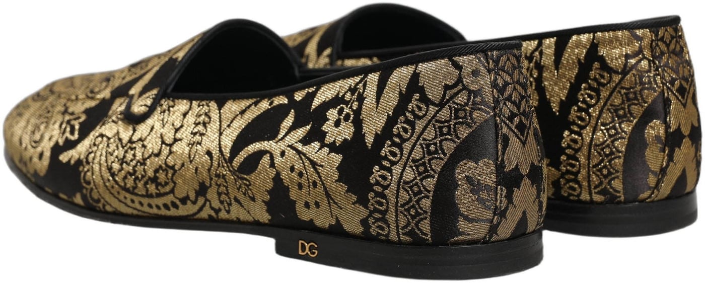 Dolce & Gabbana Gold Jacquard Leather Slip On Loafers Shoes