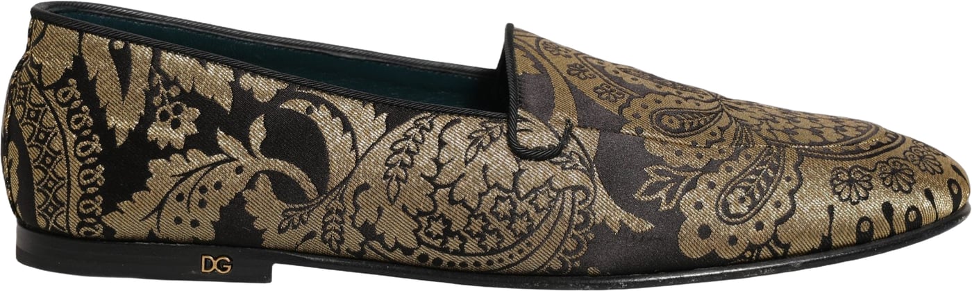 Dolce & Gabbana Gold Jacquard Leather Slip On Loafers Shoes