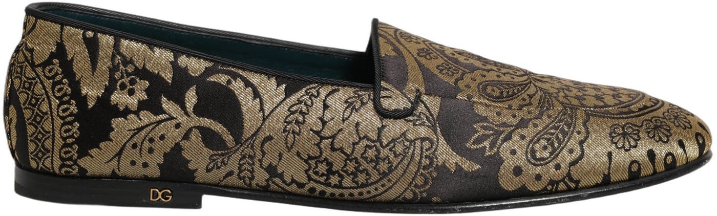 Dolce & Gabbana Gold Jacquard Leather Slip On Loafers Shoes