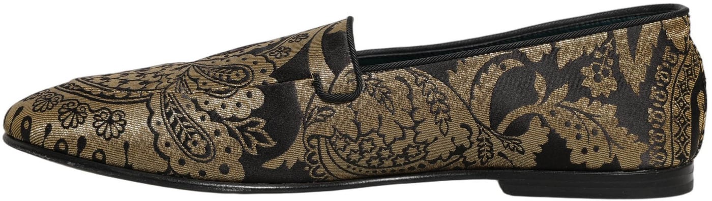 Dolce & Gabbana Gold Jacquard Leather Slip On Loafers Shoes