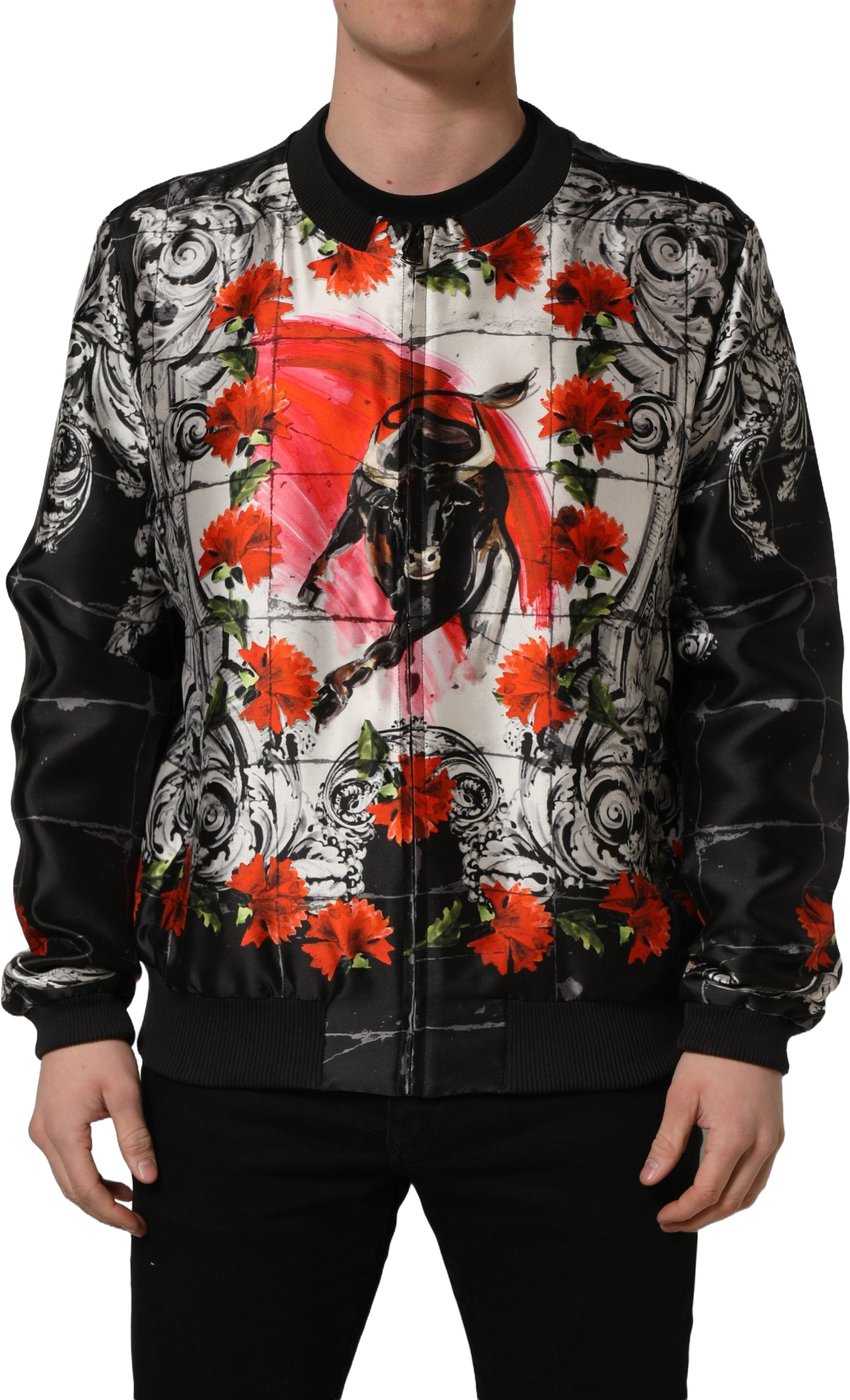 Dolce & Gabbana Multicolor Majolica Bull Print Bomber Jacket