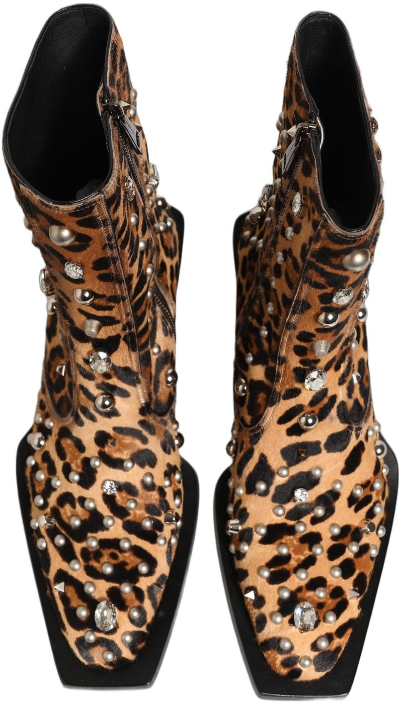 Dolce & Gabbana Brown Leopard Embellished Mid Calf Men Boots Shoes